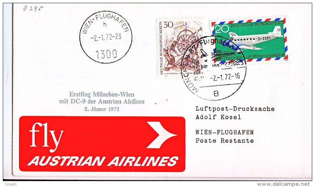 BRIEFMARKEN ERSTTAG Flugzeuge, AUSTRIAN AIRLINES,DC-9,ERSTFLUG MÜNCHEN-WIEN  2.01.1972. - Flugzeuge