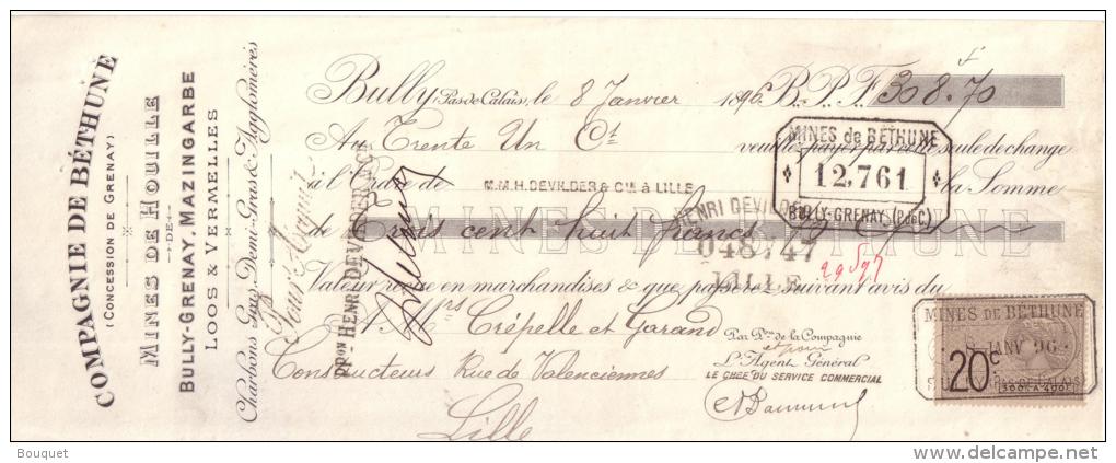 PAS DE CALAIS -  BULLY - COMPAGNIE DE BETHUNE - MINES DE HOUILLE DE BULLY GRENAY , MAZINGARBE , LOOS & VERMELLES - 1896 - Lettres De Change