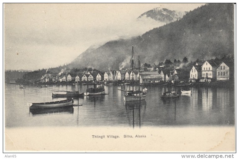 Sitka AK Alaska, Thlingit Village Tlingit, Harbor Scene, Boats Wharf, C1900s Vintage Postcard - Sitka