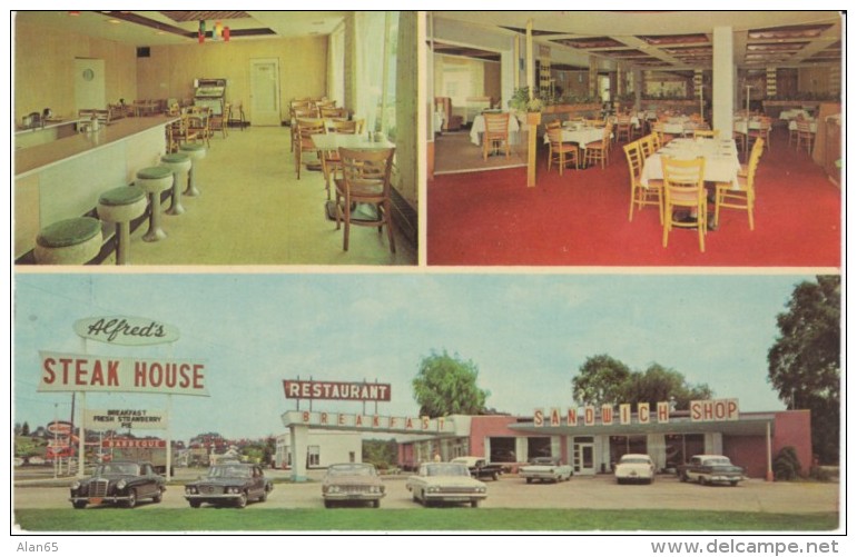 Cambridge OH Ohio Alfred's Steak House, Jukebox Lunch Counter Restaurant Interior Auto Mercedes C1960s Vintage Postcard - Other & Unclassified