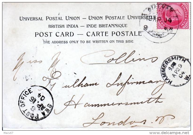 India   POSTAL HISTORY CARD  TO LONDON  SEA POST TAJ MAHAL - 1902-11 King Edward VII