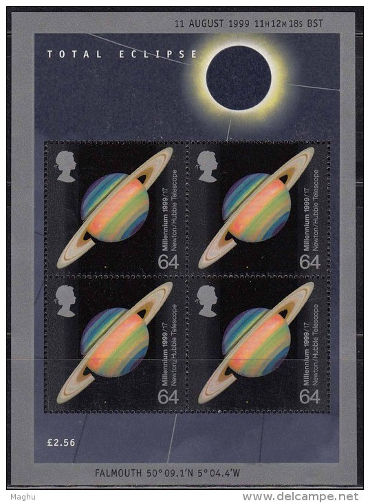 Total Solar Eclipse, Planet, Newton / Hubble Telescope, Great Britain / England 1999 MNH Miniature Sheet, Astronomy - Blocs-feuillets