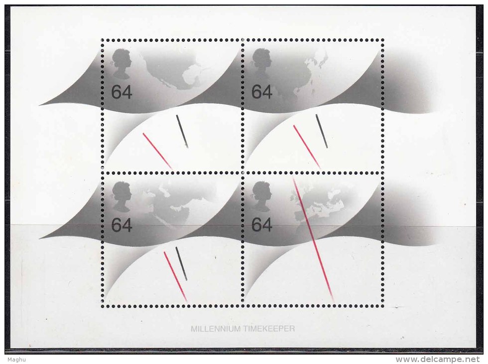 Mililennium Timekeeper Miniture Sheet, Clock, Map Of Europe, Great Britain / England, 1999 MNH - Blocs-feuillets