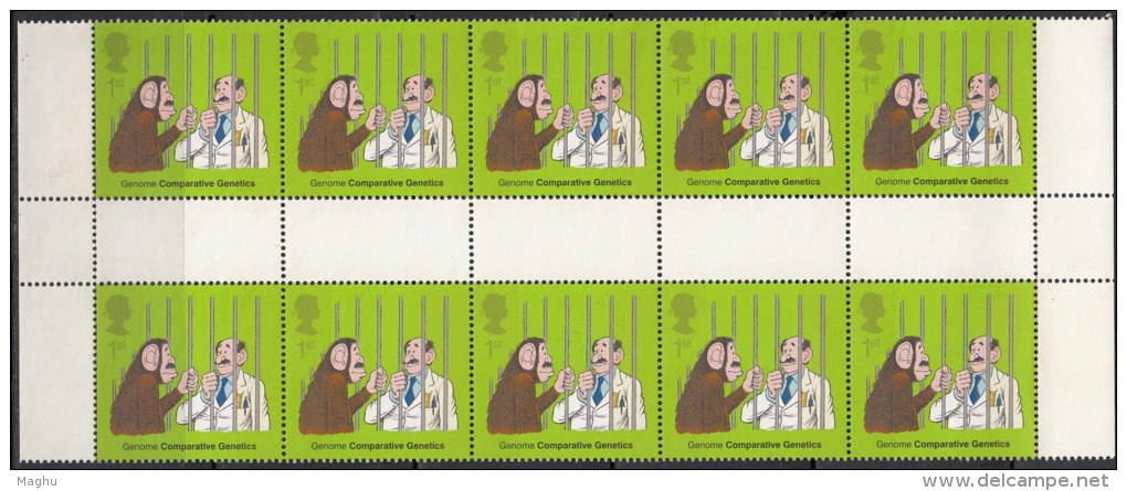 Gutter Block Of 10, MNH DNA Discovery, Ape, Animal  Science, Health, Medicine, Biology, Great Britain 2002 MNH - Blocs-feuillets