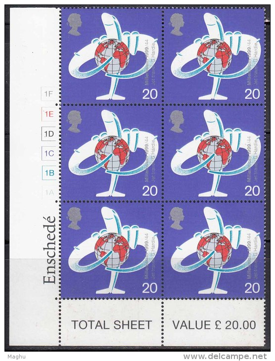 20p Margin Block Of 6, Jet Airplane, Globew, Travellers Tale,  MNH Great Britain 1999, Travel - Blocs-feuillets