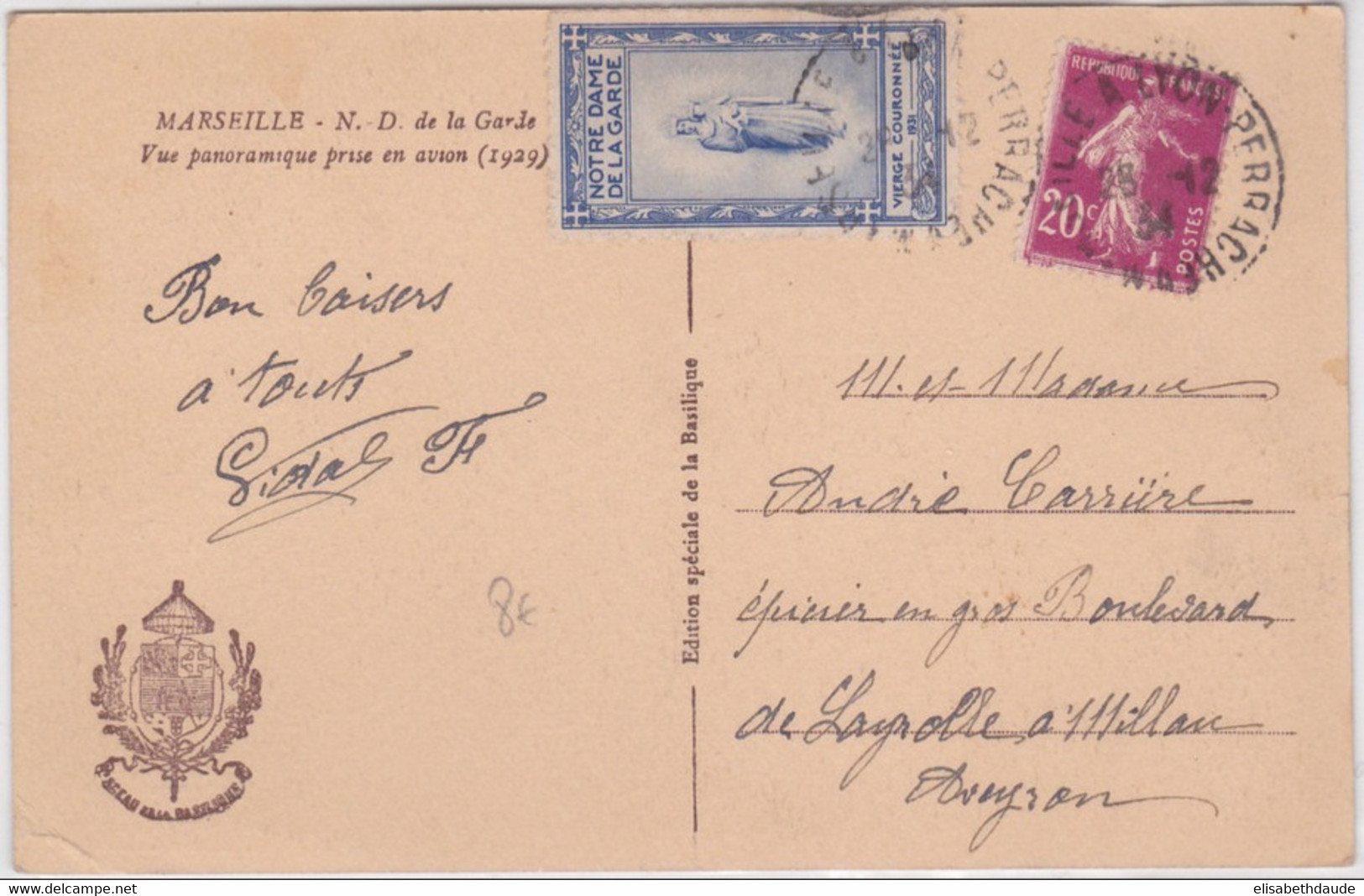1934 - CARTE POSTALE De MARSEILLE Avec VIGNETTE De ND DE LA GARDE Pour MILLAU - Tourisme (Vignettes)