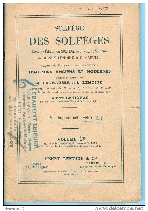 SOLFEGE DES SOLFEGES  De Henry LEMOINE & G. CARULLI -  Volume 1B  - Nouvelle Edition Du SOLFEGE Pour Voix De Soprano. - Musique