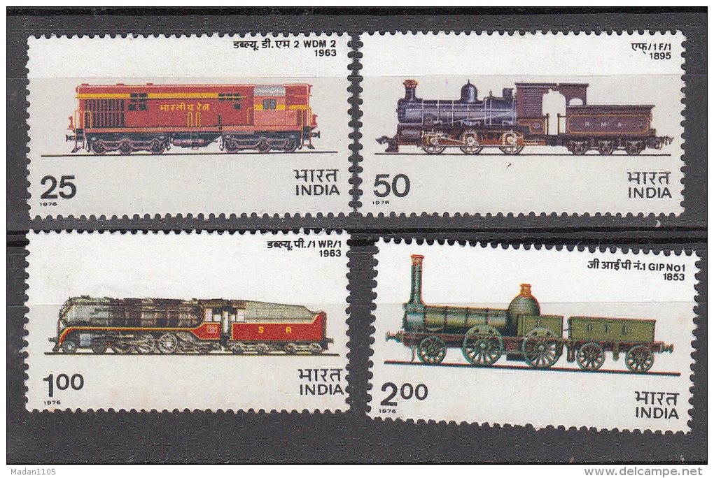 INDIA, 1976,  Indian Locomotives, Engine, Railways, Train,  Set 4 V, MNH, (**) - Unused Stamps