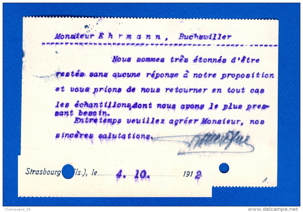 STRASBURG / ALSACE 04 / 10 /1912 DESTINATION BUCHSWILLER / ALS PERFORER - Strasburg