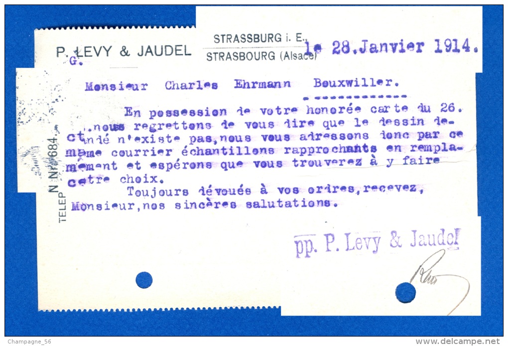 1914  EMPIRE  DEUTSCHES REICH STRABBURG /BOUSWILLER / ALSACE 28.1.1914 PERFORER - Strasburg