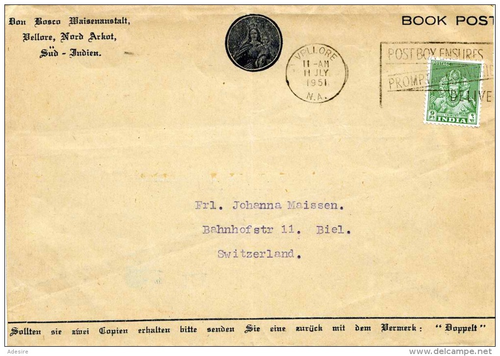 INDIEN 1951, 9Ps Auf Brief Mit Sonderstempel Gel.von Bellore (Süd-Indien) Nach Biel (Schweiz) - Briefe U. Dokumente