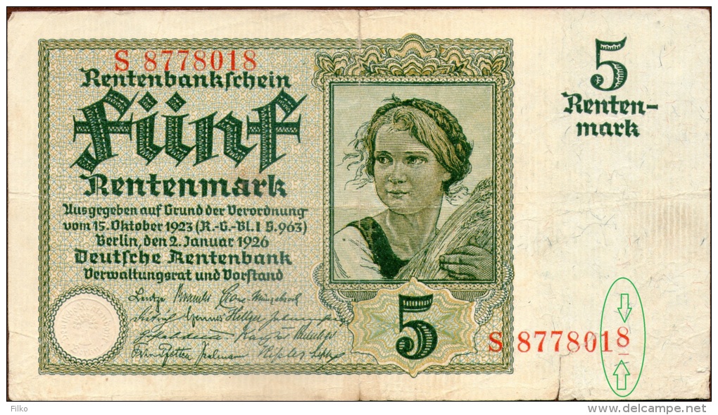 Germany,5 Rentenmark,P.169a, 02.01.1926,serie:S ,7 Stellig,error Serial Numer Shown On Scan,as Scan - 5 Rentenmark