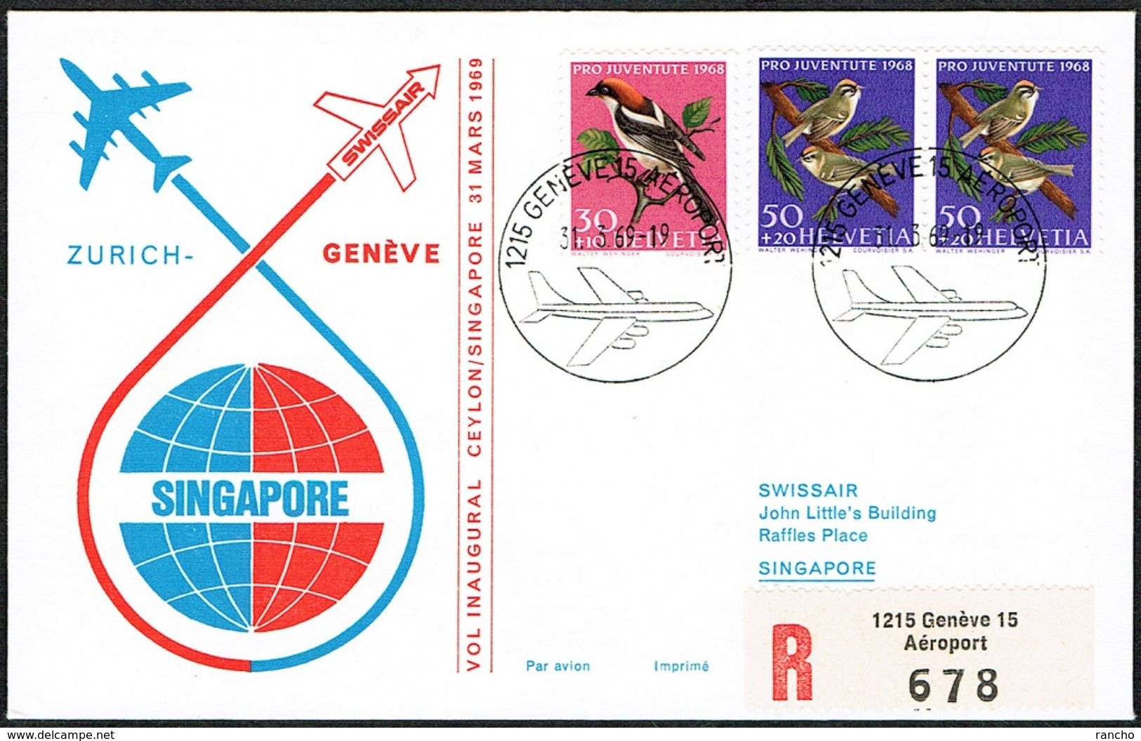 LETTRE OBLITERE .31.3.1969. GENEVE & SINGAPORE C/.S.B.K. Nr:J226/J227. Y&TELLIER Nr:826/827. MICHEL Nr:893/894. - First Flight Covers