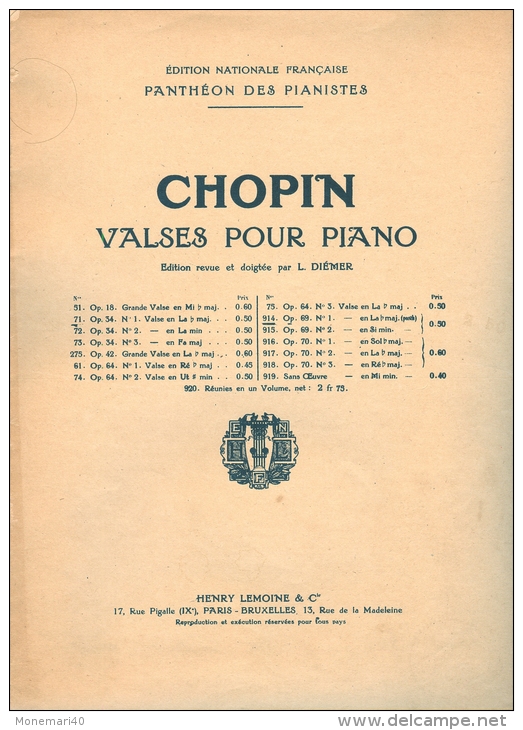 ANCIENNE METHODE - CHOPIN - PANTHEON DES PIANISTES -VALSES POUR PIANO - Edition Revue Et Doigtée Par L. DIEMER - Musique