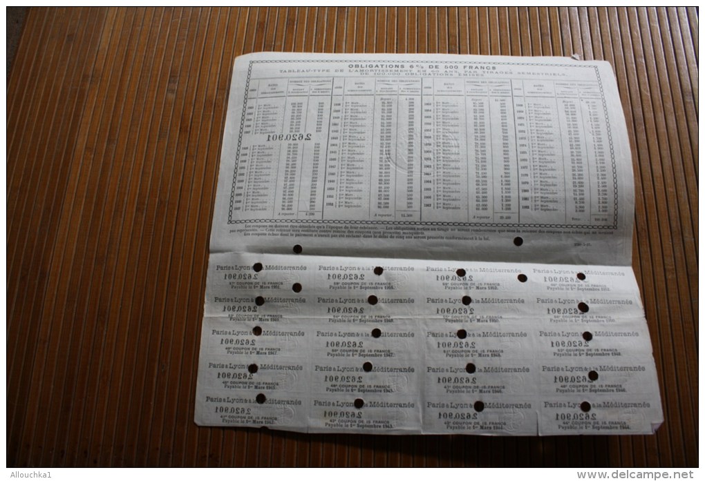 1921 SNCF Gd Réseau Chemin De Fer Intérêt Général Paris à Lyon & Méditerranée Obligation Emprunt 6 % 500F Action Perforé - Chemin De Fer & Tramway