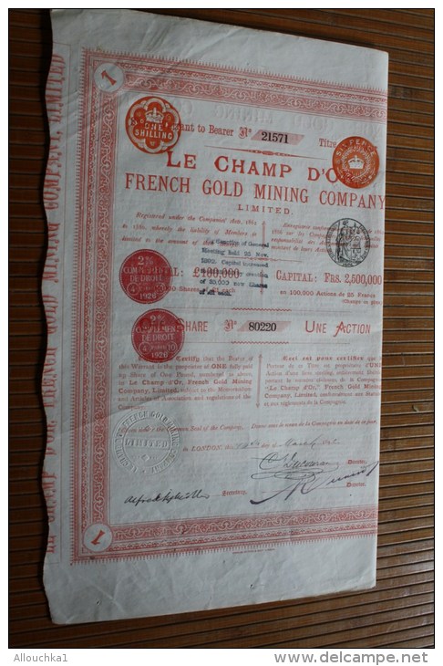 Londres London Janvier 1892 "Le Champ D'or" French Gold Mining  Company Mine D'or Française Titre ACTION Anglaise - Mines