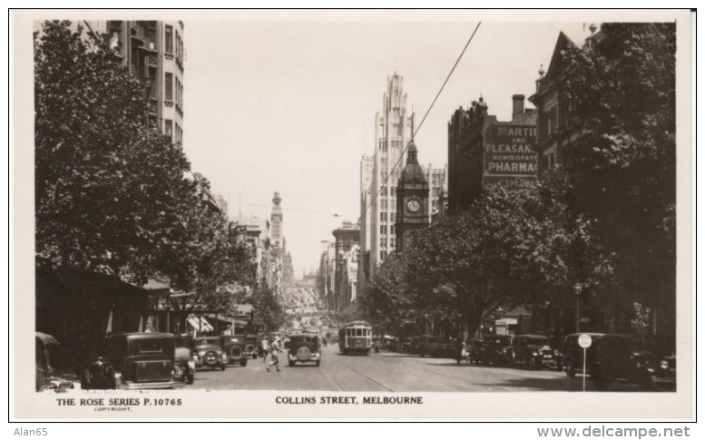 Melbourne Australia, Collins Street Scene, Rose Series # P. 10765, C1930s Vintage Real Photo Postcard - Melbourne