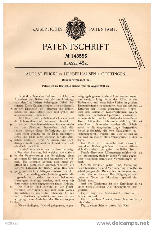 Original Patentschrift - A. Fricke In Herberhausen B. Göttingen , 1901, Rüben - Erntemaschine , Landwirtschaft !!! - Tools