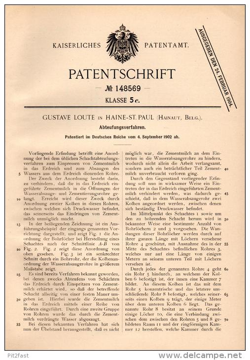 Original Patentschrift - G. Loute In Haine St. Paul , 1902 , Abteufungsverfahren , Zement , Hainaut !!! - Historische Dokumente