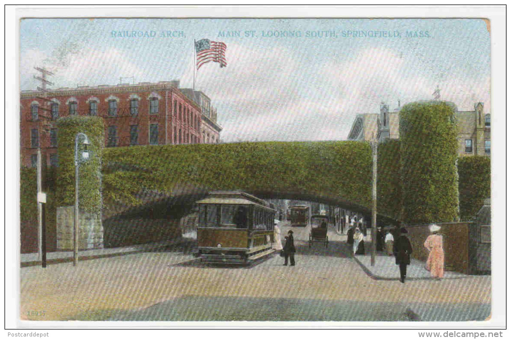 Main Street Streetcar Railroad Arch Springfield Massachusetts 1910c Postcard - Springfield