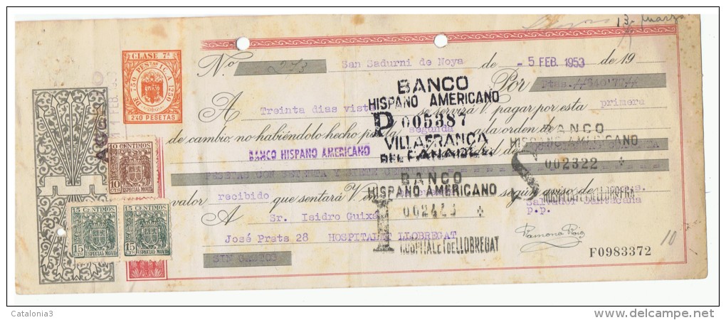 LETRA DE CAMBIO Años 50 Con Sellos Y Timbres - Banco Hispano Americano  - Villafranca Del Panades - Letras De Cambio