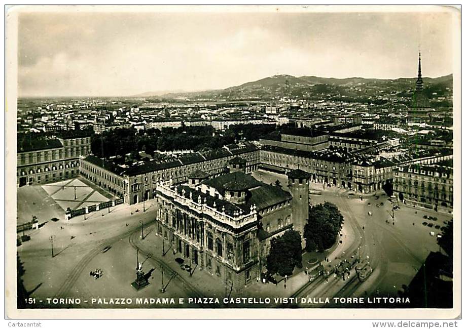 PALAZZO MADAMA E PIAZZA CASTELLO VISTI DALLA TORRE LITTORIA. CARTOLINA ANNI '40 - Palazzo Madama