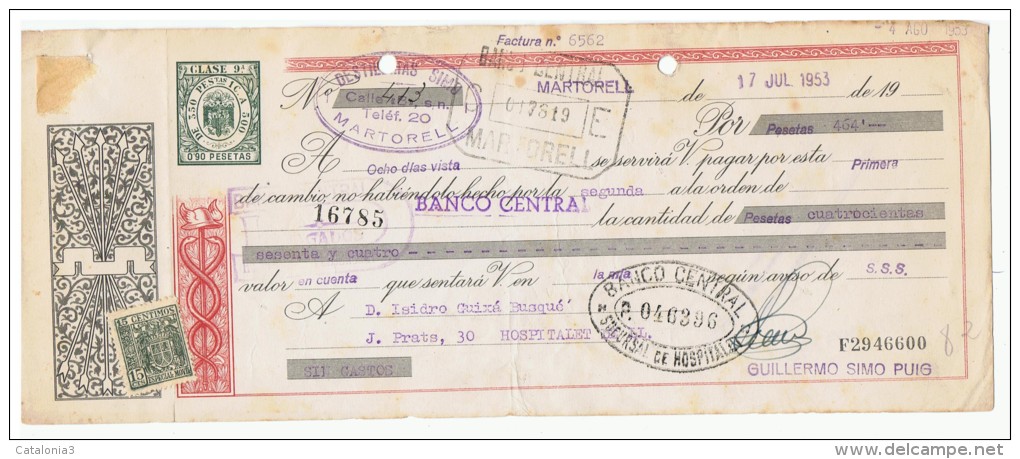 LETRA DE CAMBIO Años 50 Con Sellos Y Timbres - Destilerias Simo - Martorell - Lettres De Change