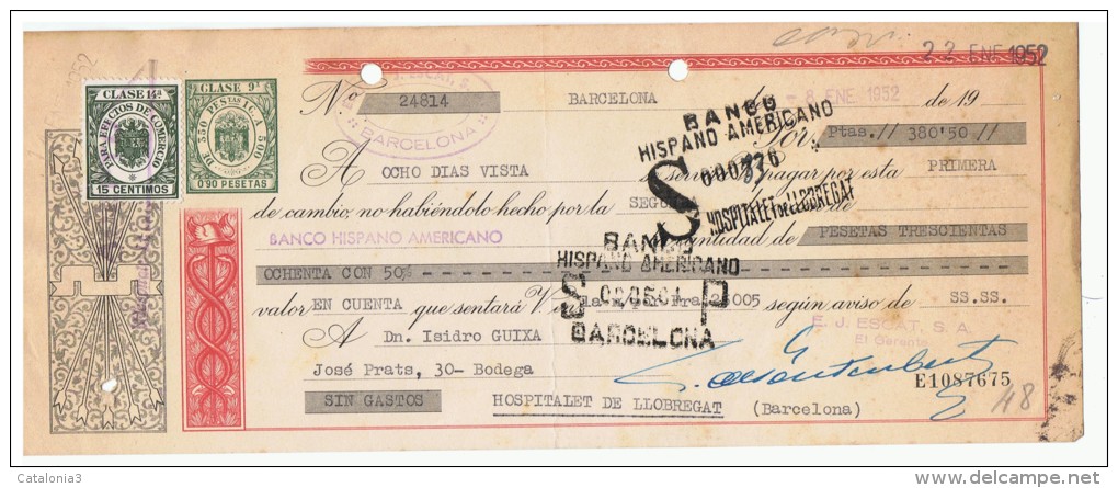 LETRA DE CAMBIO Años 50 Con Sellos Y Timbres - Banco Hispano Americano - Hospitalet De Llobregat - Letras De Cambio