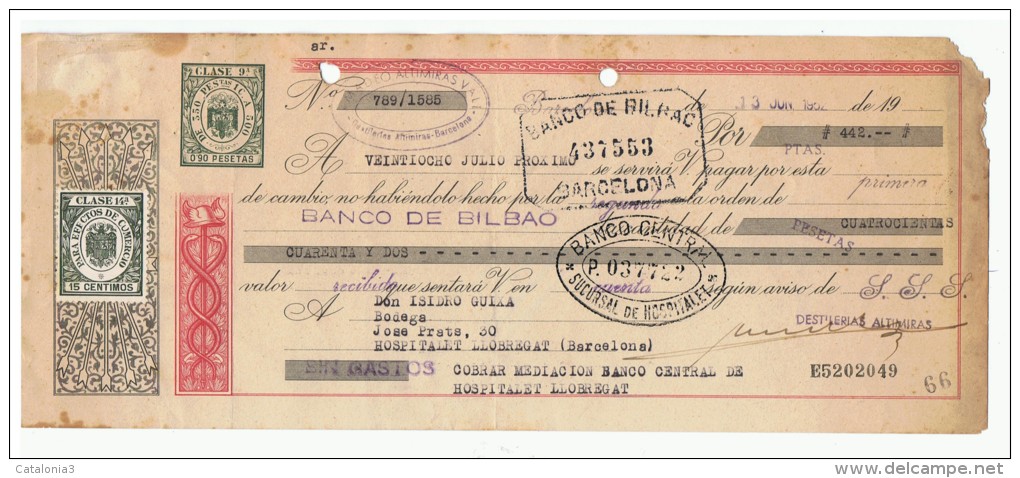 LETRA DE CAMBIO Años 50 Con Sellos Y Timbres - Banco De Bilbao - Banco Central - Letras De Cambio