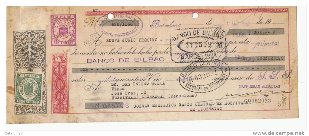 LETRA DE CAMBIO Años 50 Con Sellos Y Timbres - Banco De Bilbao - Banco Central - Letras De Cambio