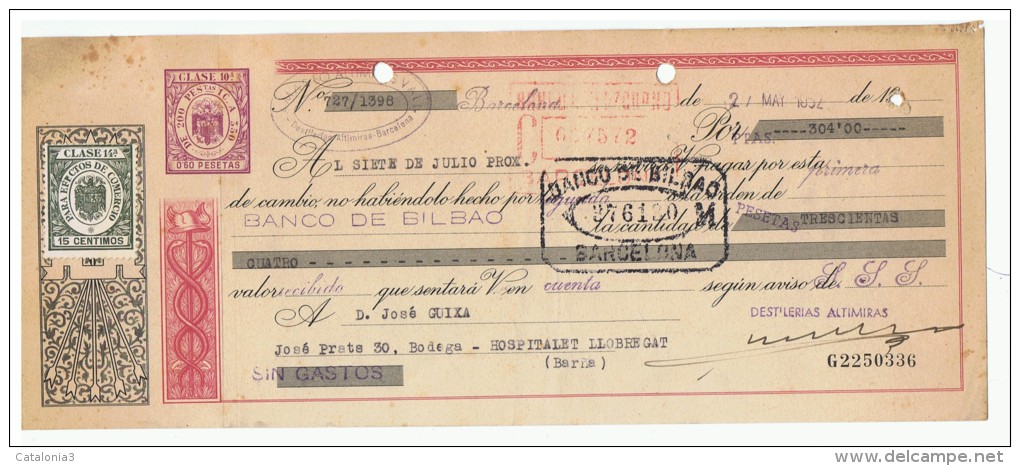 LETRA DE CAMBIO Años 50 Con Sellos Y Timbres - Banco De Bilbao - Cambiali