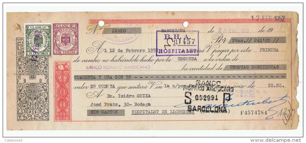 LETRA DE CAMBIO Años 50 Con Sellos Y Timbres - Banco Hispano Americano - Hospitalet De Llobregat - Lettres De Change