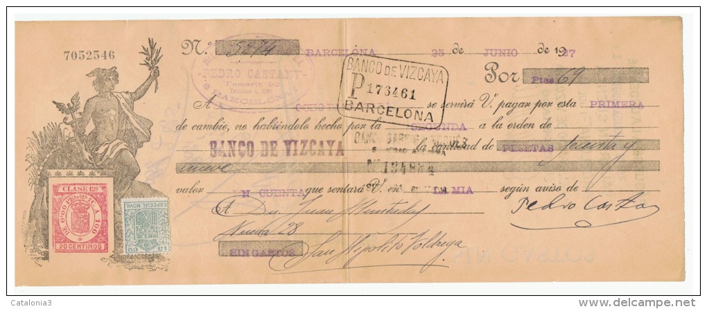 LETRA DE CAMBIO Años 20 ILUSTRADA Con Sellos Y Timbres - Banco De Vizcaya - Bills Of Exchange