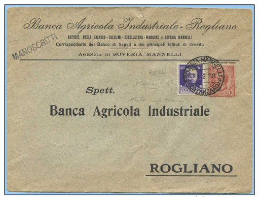 1930 LEONI C. 10 + IMPERIALE C. 50 BUSTA APERTA BANCA ROGLIANO (COSENZA) 4.6.30 TARIFFA MANOSCRITTI NON COMUNE MISTA(M95 - Storia Postale