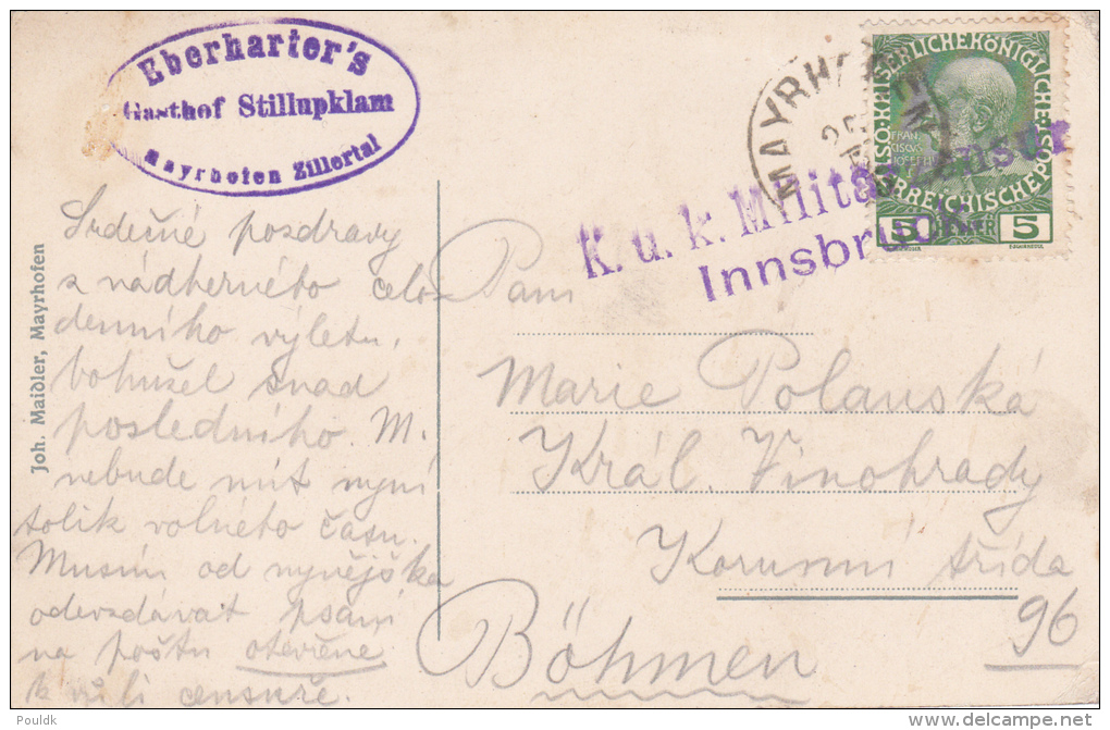 Censored Post Card: Austria Mayrhofen Adressed To Böhmen Censored By KUK Militärzensur Innsbruck. PPC Showing Mayrhofen - Militaria