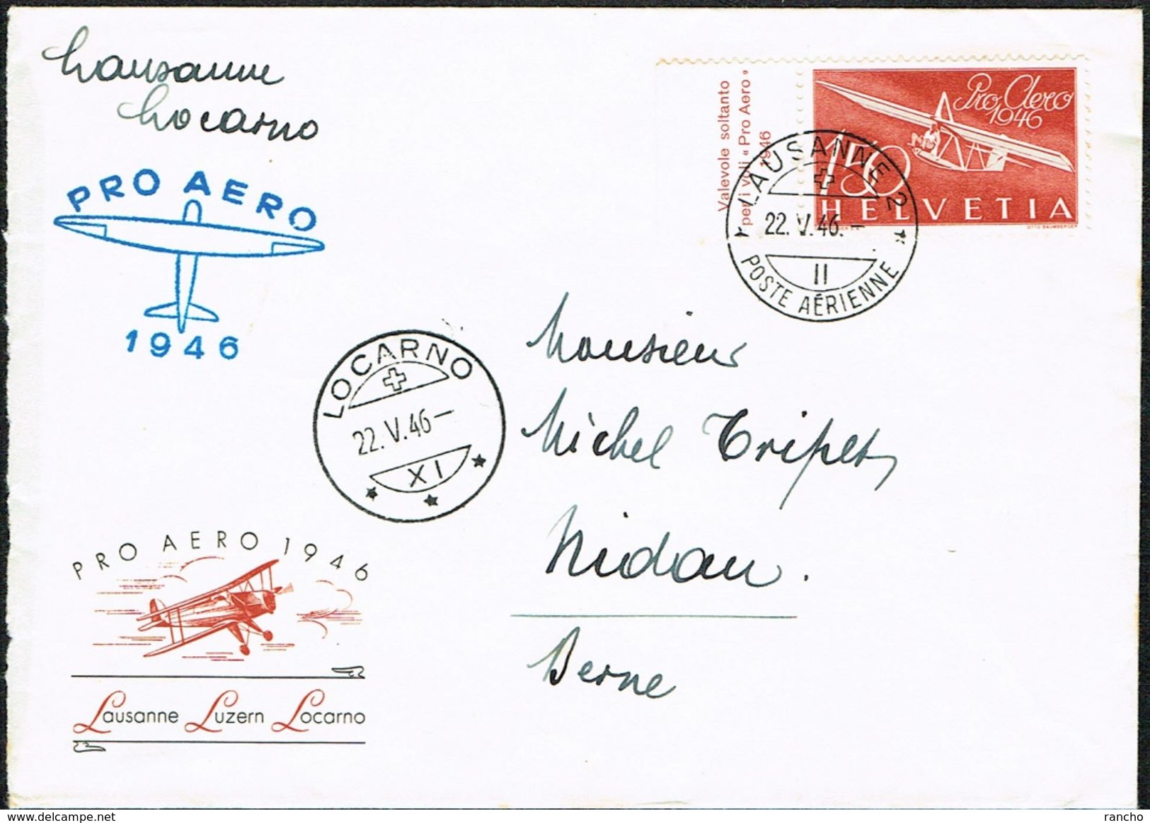 LETTRE VOL FDC OBLITERE 1er/J.22.5.1946. 2xCACHETS : LAUSANNE & LUGANO C/.S.B.K. Nr:F41. Y&TELLIER Nr:40. MICHEL Nr:470. - First Flight Covers