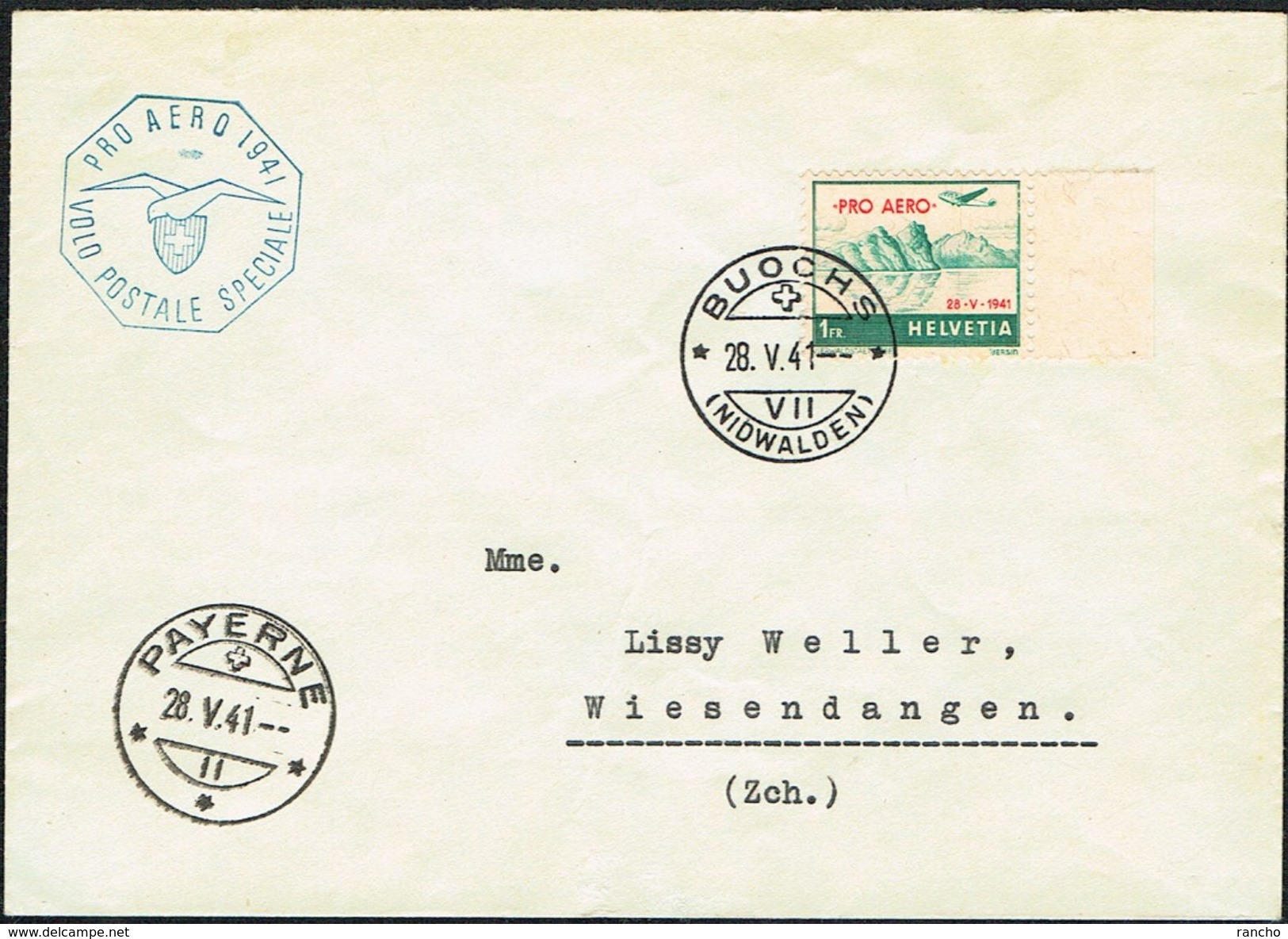 LETTRE DE COLLECTION FDC 1er/J.28.5.1941. 2/CACHETS BUOCHS & PAYERNE C/.S.B.K. Nr:F35. Y&TELLIER Nr:34A. MICHEL Nr:395. - First Flight Covers