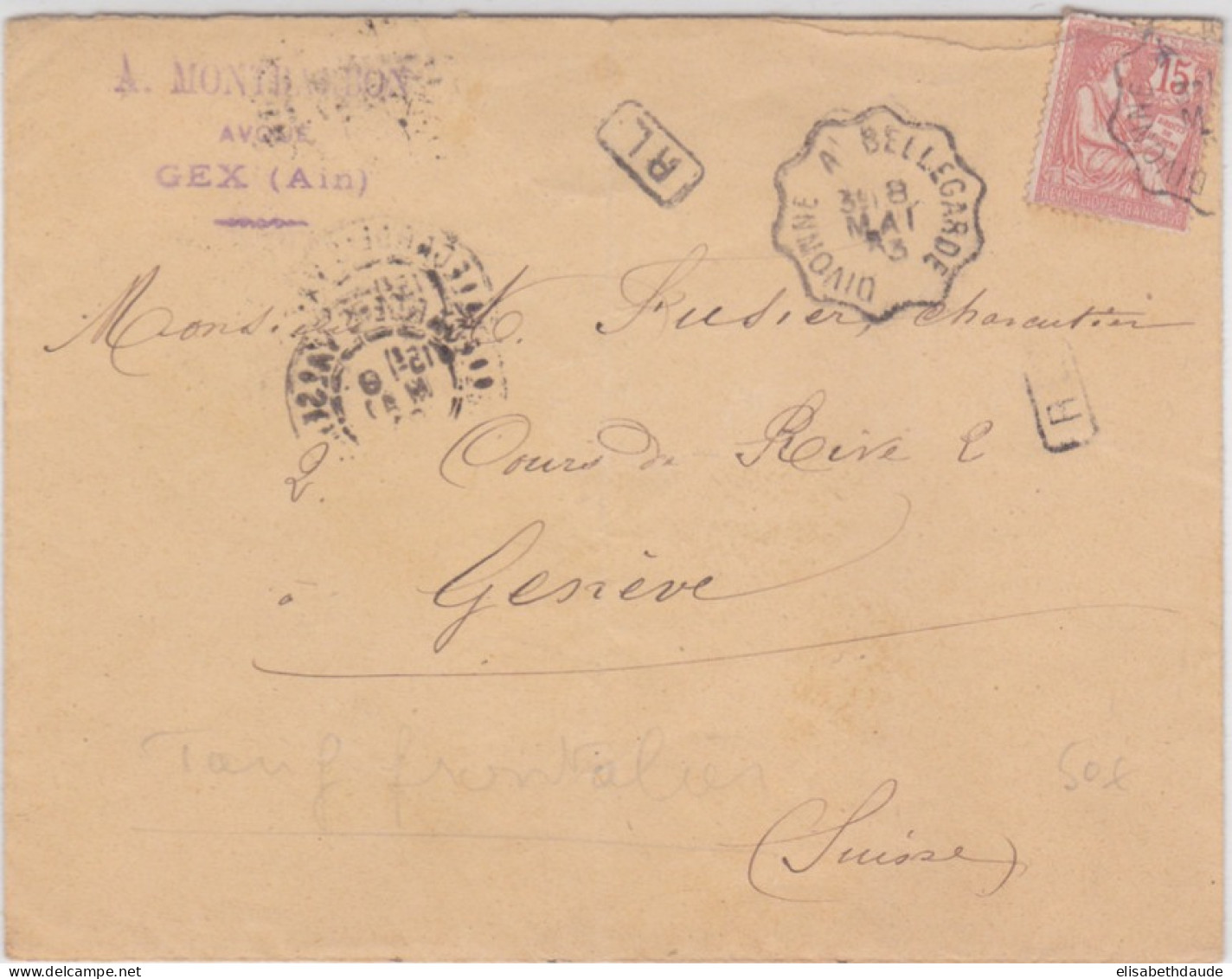 1903 - ENVELOPPE De GEX (AIN) Avec CONVOYEUR "DIVONNE à BELLEGARDE" => GENEVE (SUISSE) -RARE TARIF FRONTALIER - MOUCHON - 1900-02 Mouchon