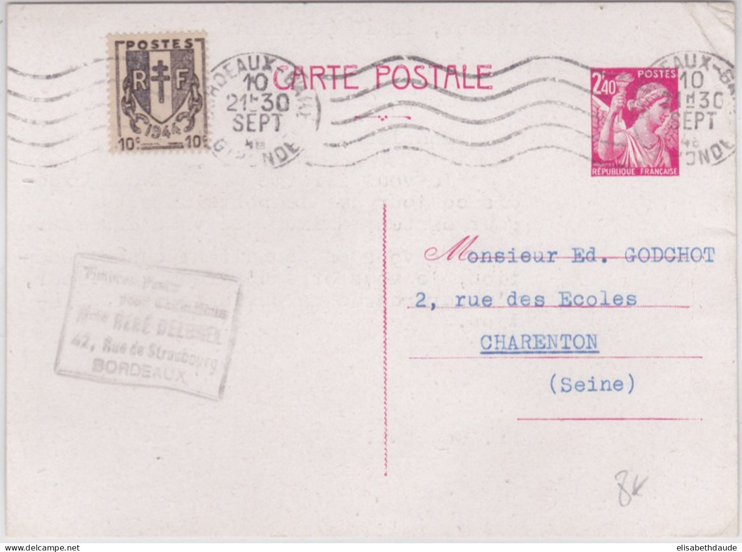 1946 - CARTE ENTIER POSTAL De BORDEAUX Pour CHARENTON - IRIS + CHAINES BRISEES - 1941-66 Coat Of Arms And Heraldry