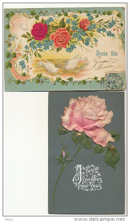 2 Cp Gaufrée Theme Rose Tissu , Soie 2 Cards Embossed Silk  1 Cp Petite Dechirure - Autres & Non Classés