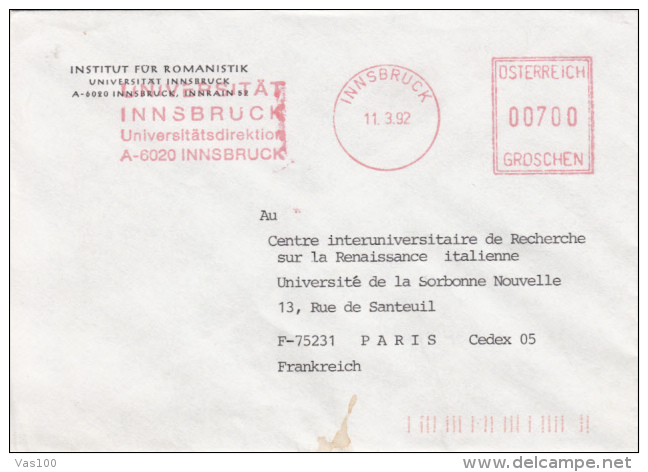 AMOUNT 700, INNSBRUCH, UNIVERSITY, SPECIAL MACHINE STAMPS ON COVER, 1992, AUSTRIA - Machines à Affranchir (EMA)