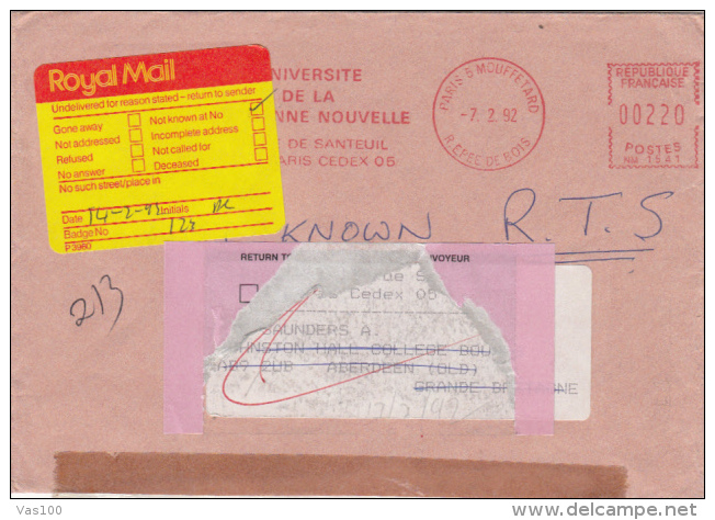 AMOUNT 220, PARIS, UNIVERSITY, SPECIAL MACHINE STAMPS ON COVER, 1992, FRANCE - Lettres & Documents