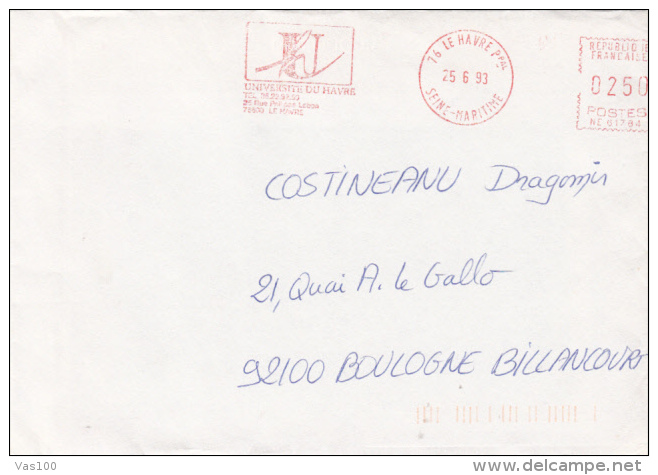 AMOUNT 250, LE HAVRE, UNIVERSITY, SPECIAL MACHINE STAMPS ON COVER, 1993, FRANCE - Lettres & Documents