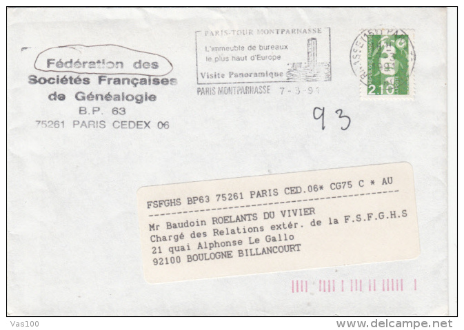 PARIS- MONTPARNASSE TOWER, GENEALOGY SOCIETY SPECIAL POSTMARK, WOMAN STAMPS ON COVER, 1991, FRANCE - Lettres & Documents