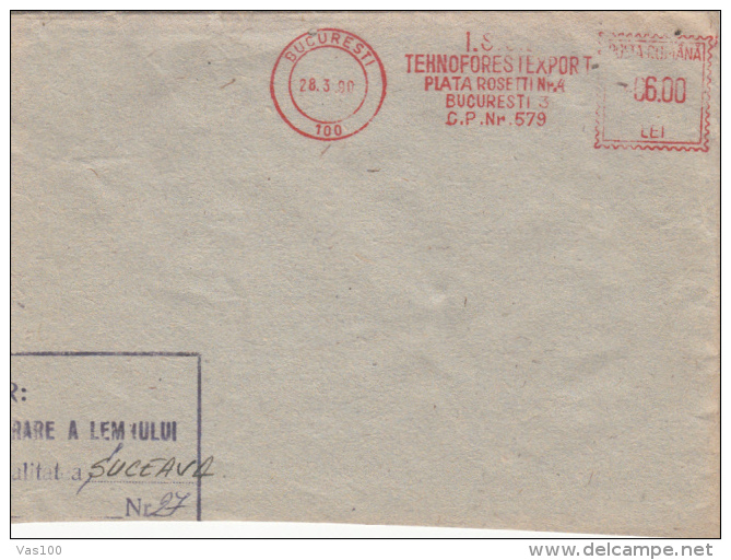 AMOUNT 600, BUCHAREST, WOOD COMPANY, MACHINE STAMPS ON FRAGMENT, 1990, ROMANIA - Franking Machines (EMA)