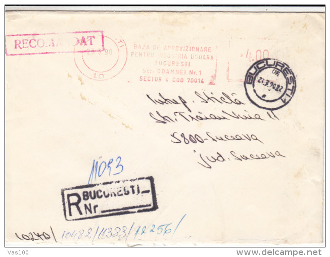 AMOUNT 4.00, BUCHAREST, TEXTILE COMPANY METERMARK, MACHINE STAMPS ON REGISTERED COVER, 1990, ROMANIA - Franking Machines (EMA)