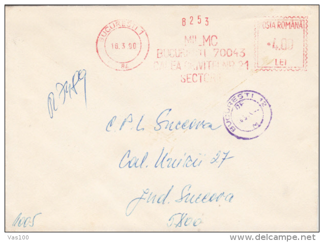 AMOUNT 4.00, BUCHAREST, MILK COMPANY, MACHINE STAMPS ON REGISTERED COVER, 1990, ROMANIA - Machines à Affranchir (EMA)