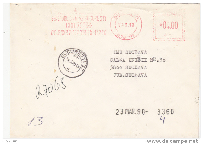AMOUNT 4.00, BUCHAREST, COMPANY, MACHINE STAMPS ON REGISTERED COVER, 1990, ROMANIA - Máquinas Franqueo (EMA)