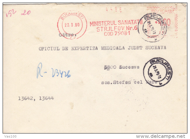 AMOUNT 4.00, BUCHAREST, HEALTH MINISTERY, MACHINE STAMPS ON REGISTERED COVER, 1990, ROMANIA - Máquinas Franqueo (EMA)