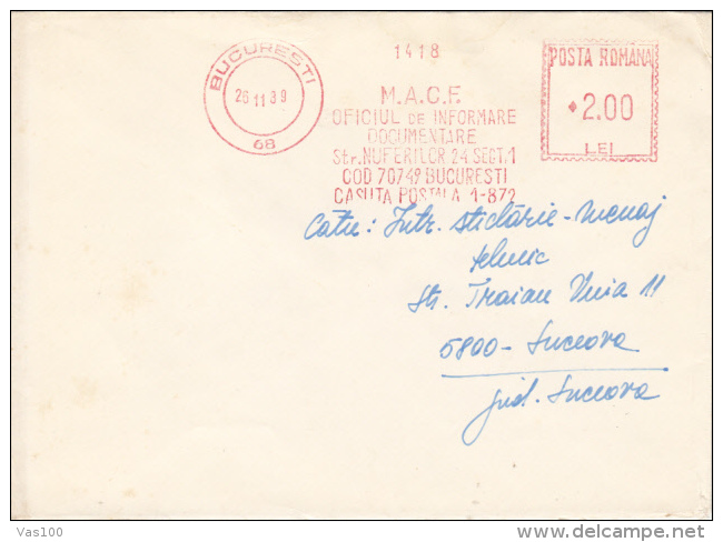 AMOUNT 2.00, BUCHAREST, ARCHIVES, MACHINE STAMPS ON REGISTERED COVER, 1989, ROMANIA - Franking Machines (EMA)